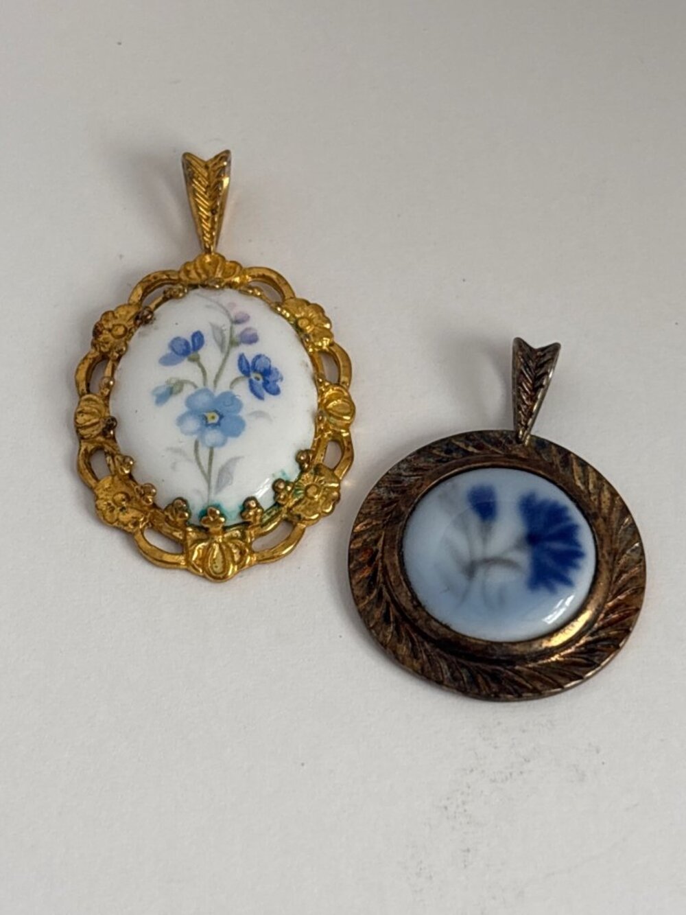 2 Vintage Blue White Floral Porcelain Pendants | Royal Adderley | B&G Denmark